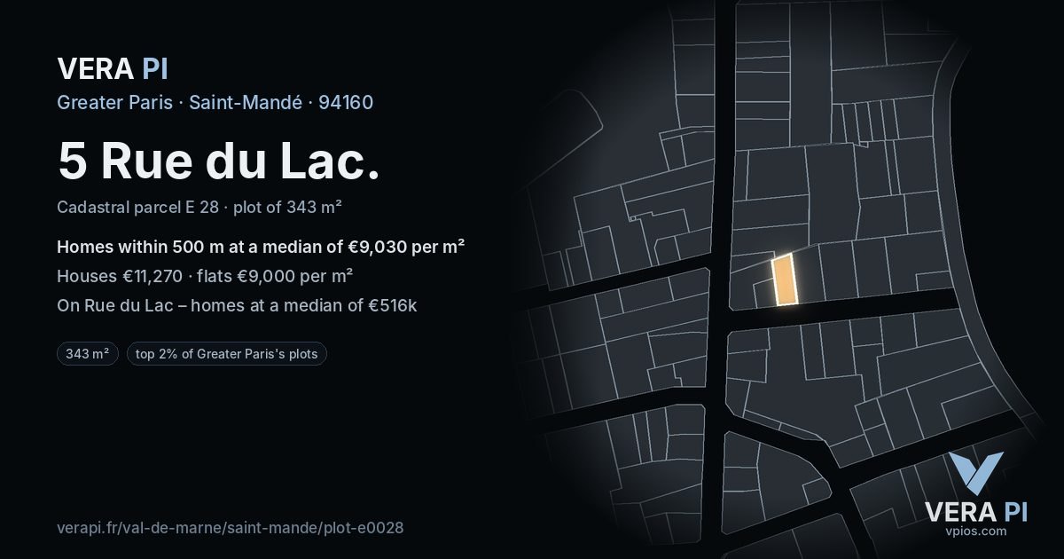5 Rue du Lac, Saint-Mandé at night – the plot lit, the parcels around coloured by the prices near them