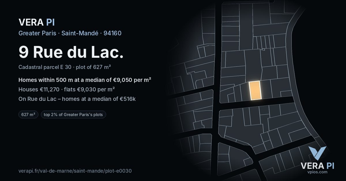 9 Rue du Lac, Saint-Mandé at night – the plot lit, the parcels around coloured by the prices near them