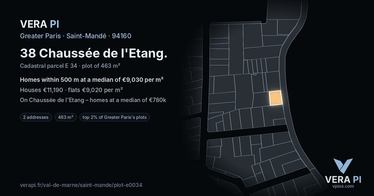 38 Chaussée de l'Etang, Saint-Mandé at night – the plot lit, the parcels around coloured by the prices near them