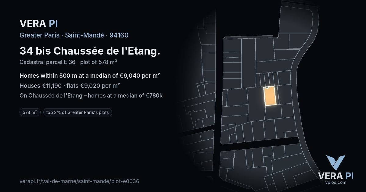 34 bis Chaussée de l'Etang, Saint-Mandé at night – the plot lit, the parcels around coloured by the prices near them