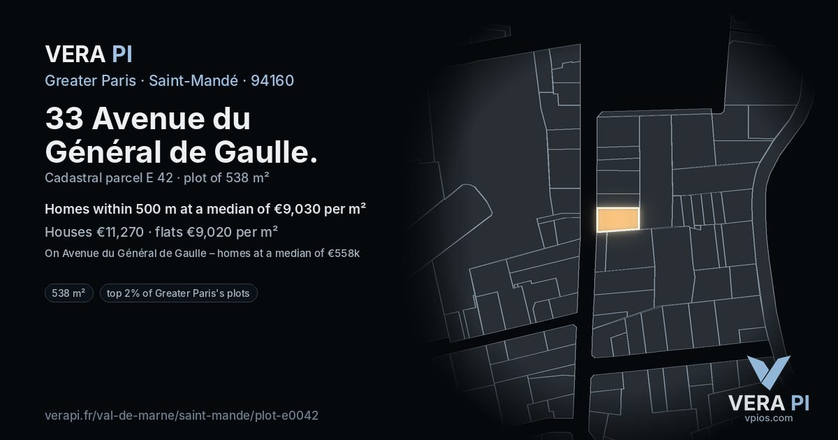 33 Avenue du Général de Gaulle, Saint-Mandé at night – the plot lit, the parcels around coloured by the prices near them