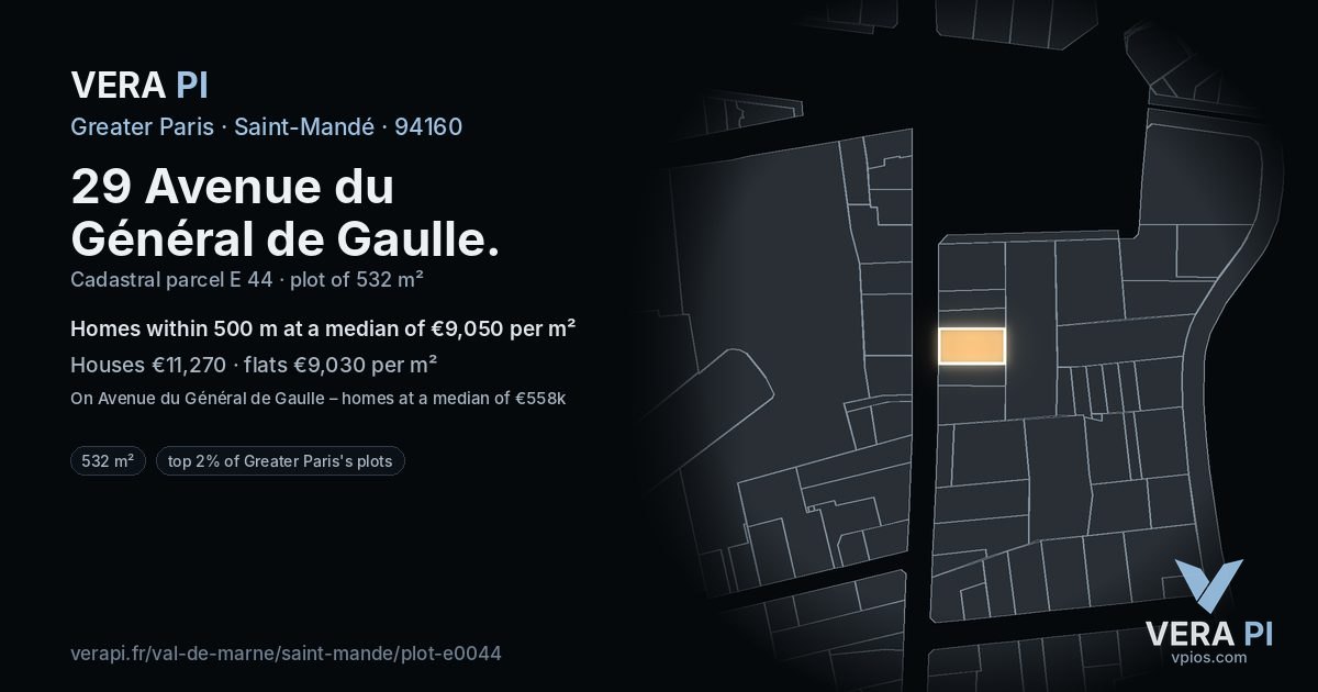 29 Avenue du Général de Gaulle, Saint-Mandé at night – the plot lit, the parcels around coloured by the prices near them