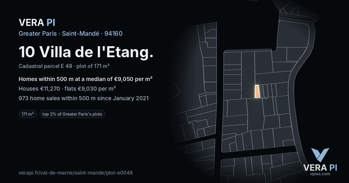 10 Villa de l'Etang, Saint-Mandé at night – the plot lit, the parcels around coloured by the prices near them