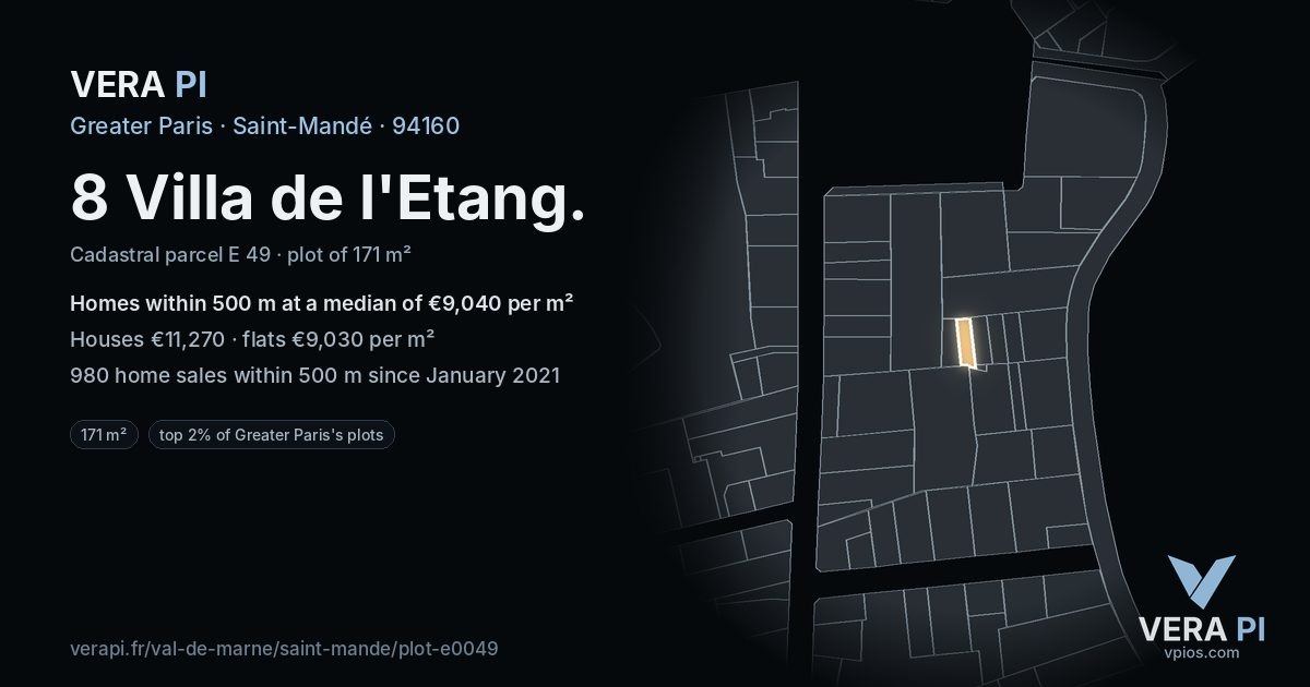 8 Villa de l'Etang, Saint-Mandé at night – the plot lit, the parcels around coloured by the prices near them