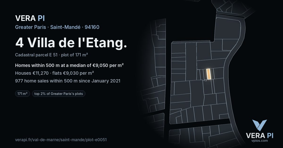 4 Villa de l'Etang, Saint-Mandé at night – the plot lit, the parcels around coloured by the prices near them