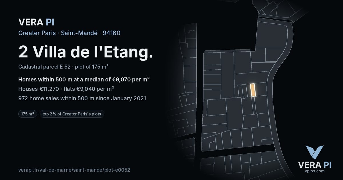 2 Villa de l'Etang, Saint-Mandé at night – the plot lit, the parcels around coloured by the prices near them