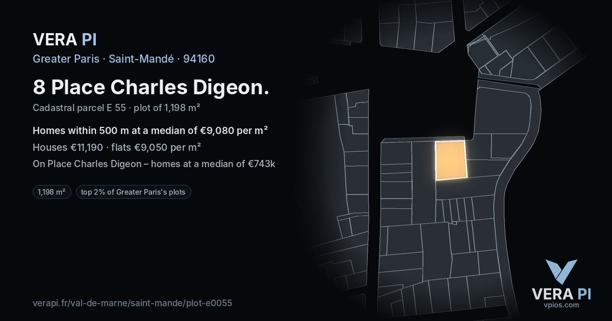 8 Place Charles Digeon, Saint-Mandé at night – the plot lit, the parcels around coloured by the prices near them