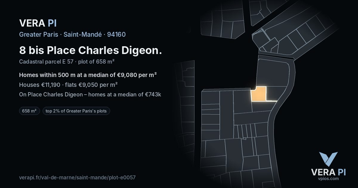 8 bis Place Charles Digeon, Saint-Mandé at night – the plot lit, the parcels around coloured by the prices near them