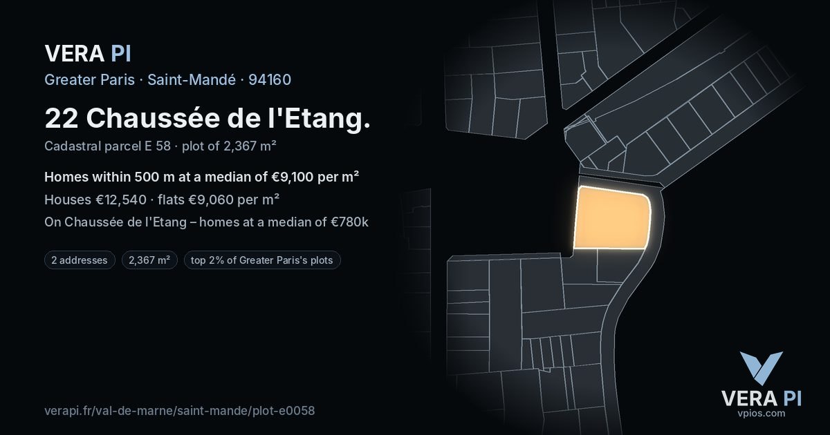 22 Chaussée de l'Etang, Saint-Mandé at night – the plot lit, the parcels around coloured by the prices near them