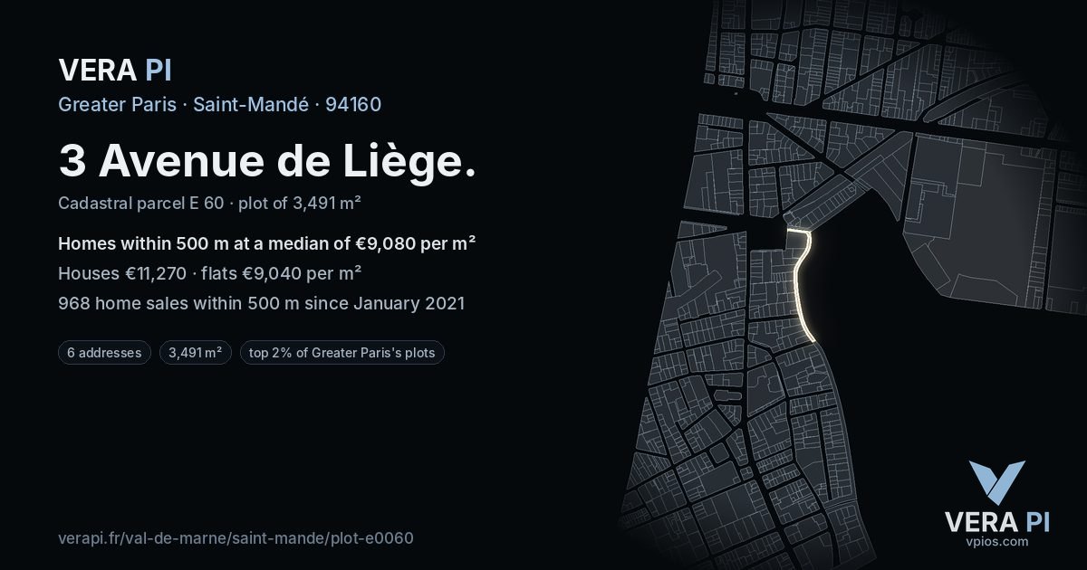 3 Avenue de Liège, Saint-Mandé at night – the plot lit, the parcels around coloured by the prices near them