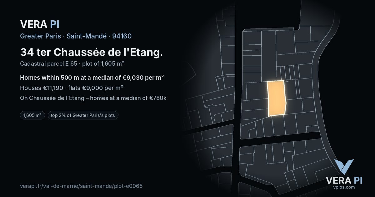 34 ter Chaussée de l'Etang, Saint-Mandé at night – the plot lit, the parcels around coloured by the prices near them