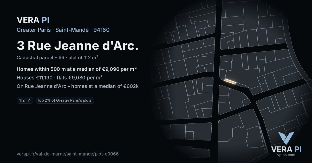 3 Rue Jeanne d'Arc, Saint-Mandé at night – the plot lit, the parcels around coloured by the prices near them