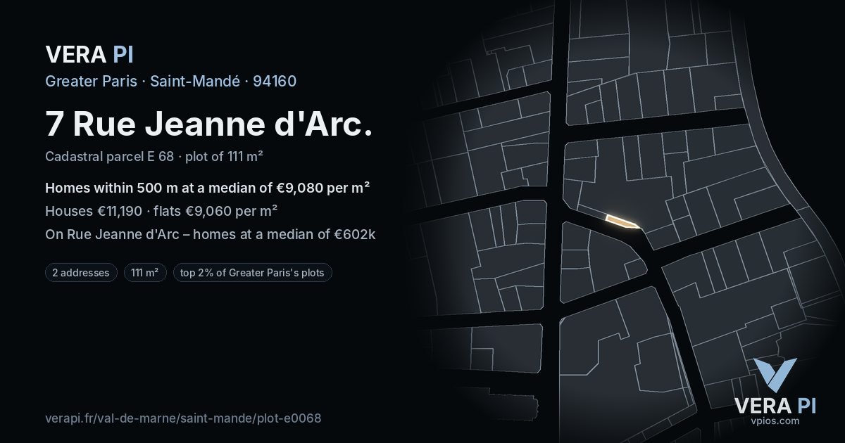 7 Rue Jeanne d'Arc, Saint-Mandé at night – the plot lit, the parcels around coloured by the prices near them