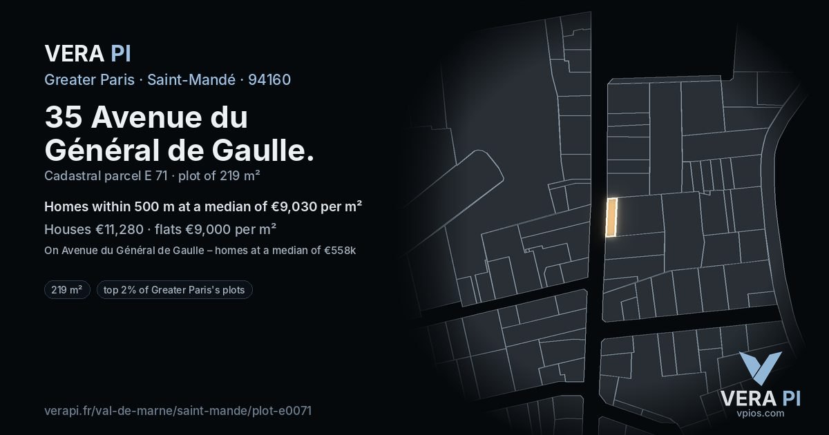 35 Avenue du Général de Gaulle, Saint-Mandé at night – the plot lit, the parcels around coloured by the prices near them