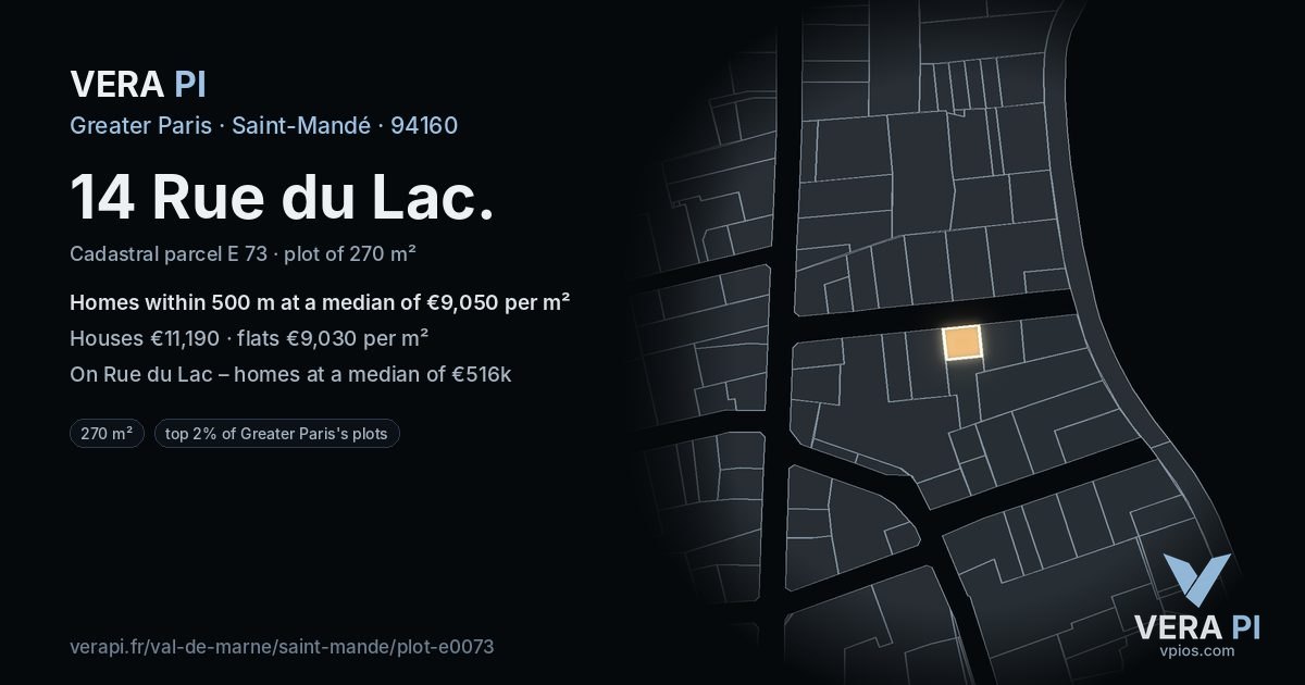 14 Rue du Lac, Saint-Mandé at night – the plot lit, the parcels around coloured by the prices near them