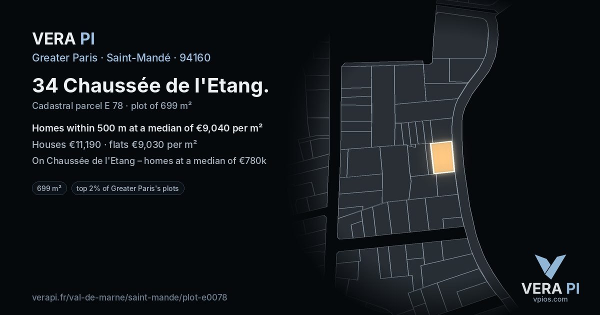 34 Chaussée de l'Etang, Saint-Mandé at night – the plot lit, the parcels around coloured by the prices near them