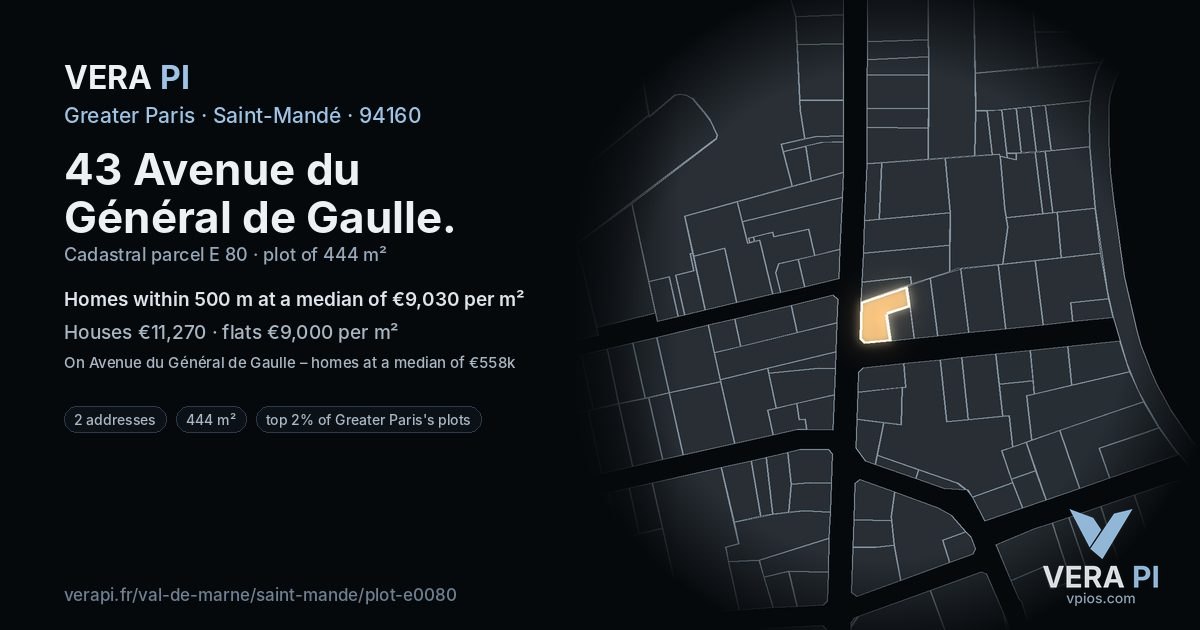 43 Avenue du Général de Gaulle, Saint-Mandé at night – the plot lit, the parcels around coloured by the prices near them