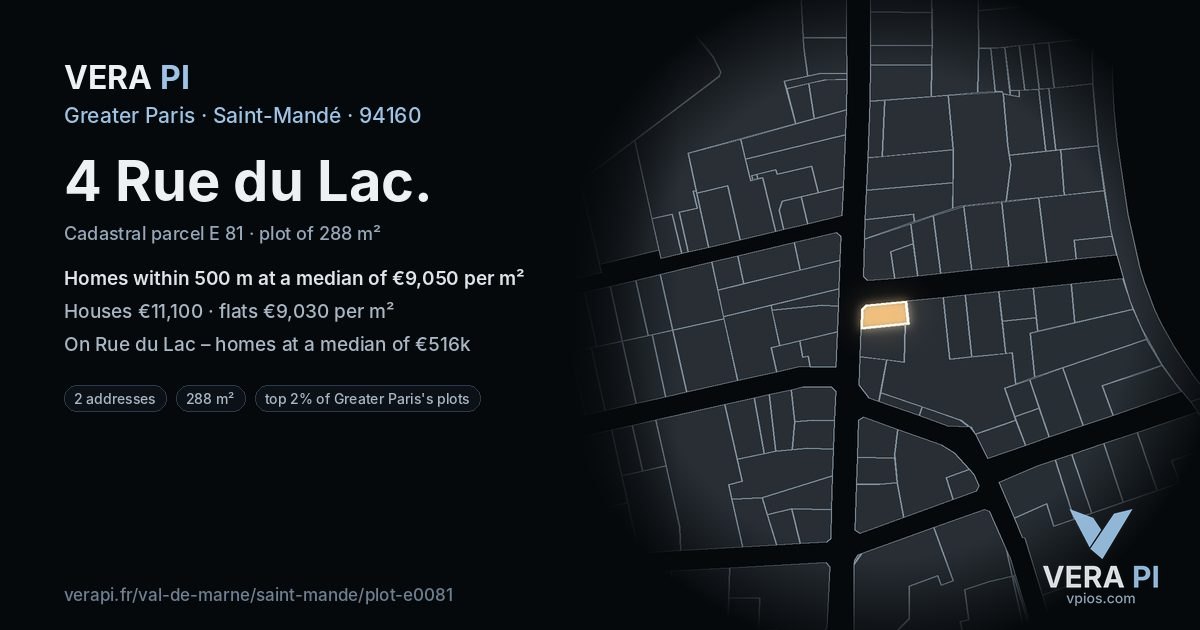 4 Rue du Lac, Saint-Mandé at night – the plot lit, the parcels around coloured by the prices near them