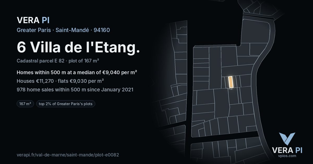 6 Villa de l'Etang, Saint-Mandé at night – the plot lit, the parcels around coloured by the prices near them