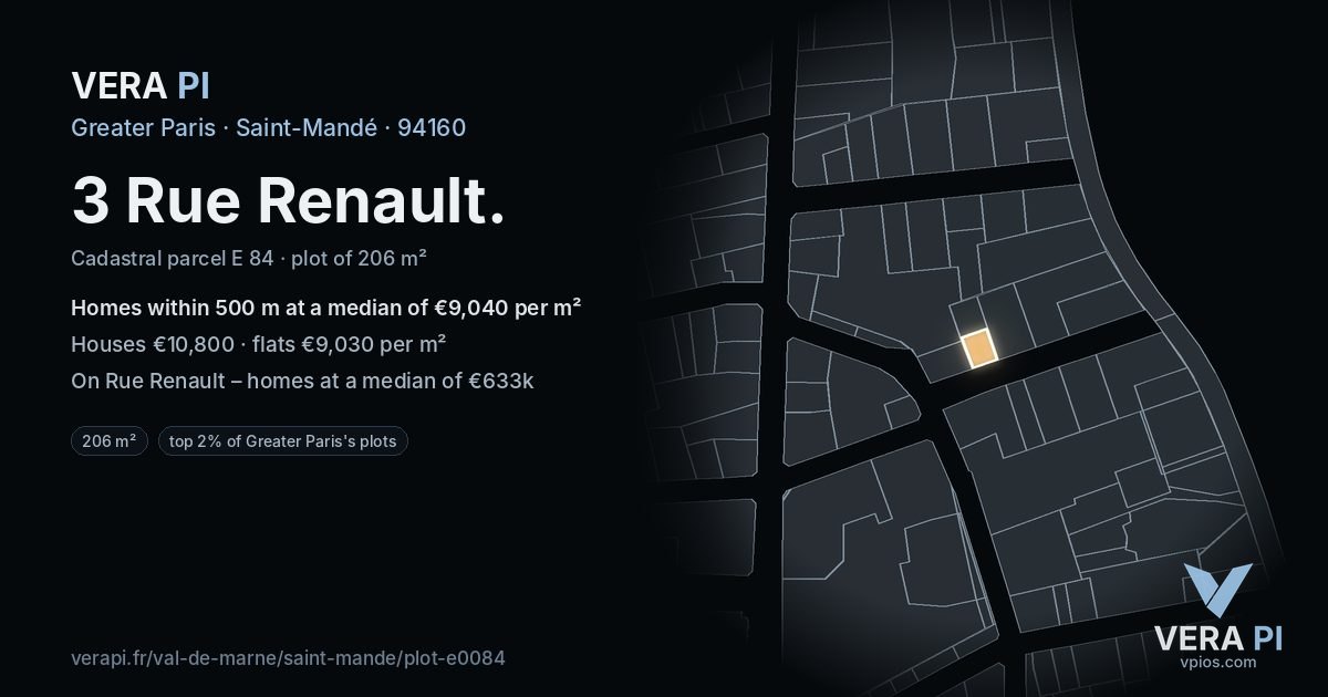 3 Rue Renault, Saint-Mandé at night – the plot lit, the parcels around coloured by the prices near them