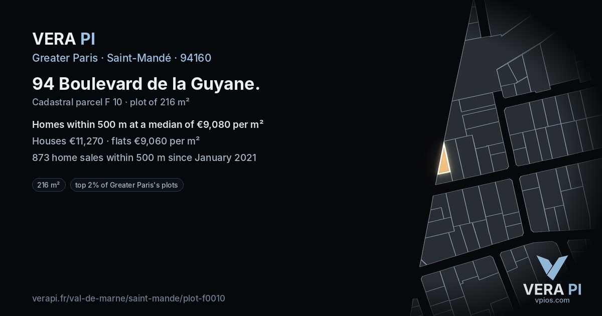 94 Boulevard de la Guyane, Saint-Mandé at night – the plot lit, the parcels around coloured by the prices near them