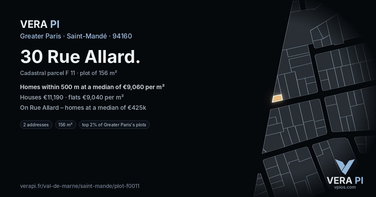 30 Rue Allard, Saint-Mandé at night – the plot lit, the parcels around coloured by the prices near them