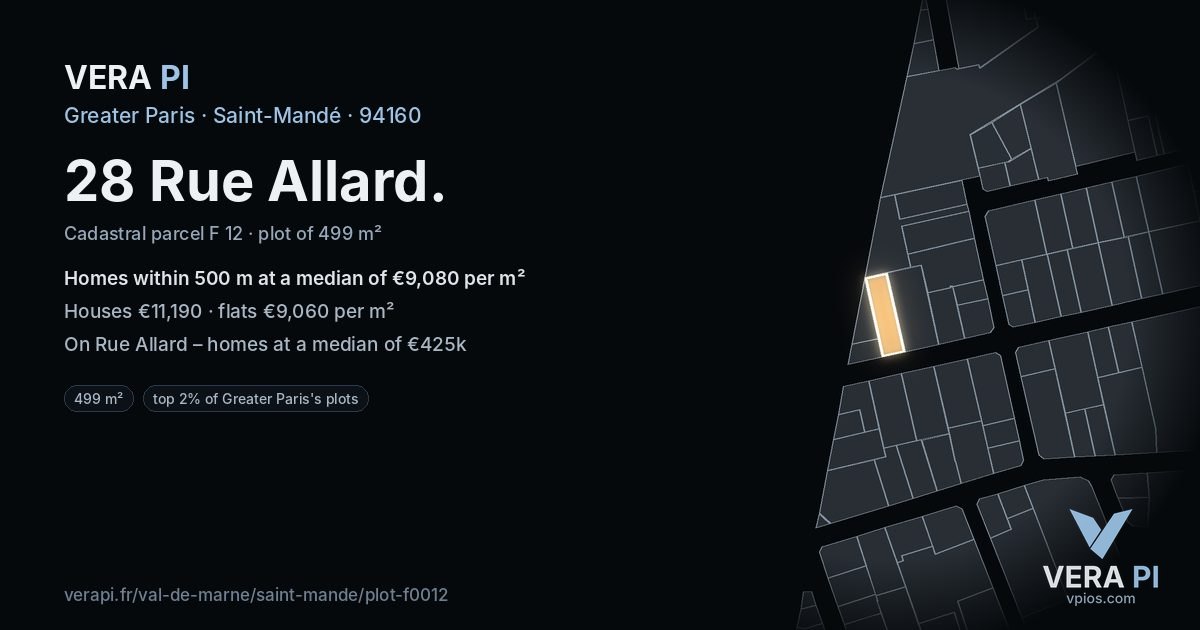 28 Rue Allard, Saint-Mandé at night – the plot lit, the parcels around coloured by the prices near them