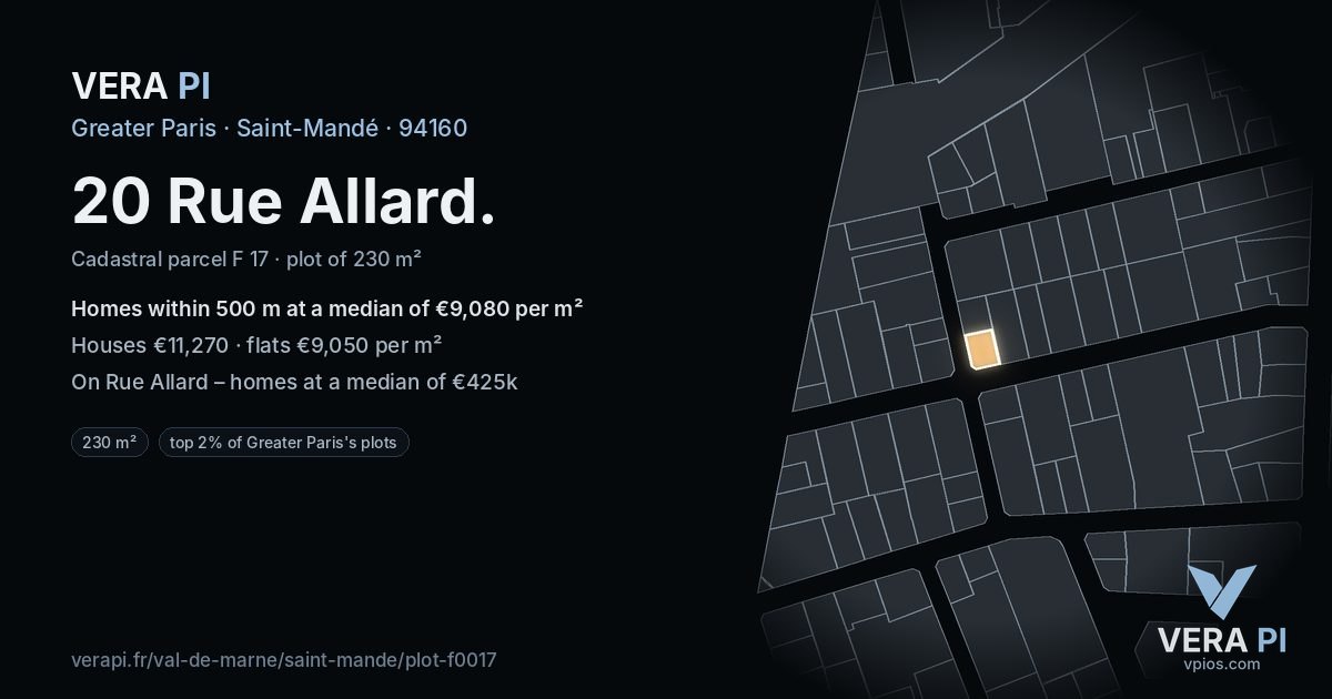 20 Rue Allard, Saint-Mandé at night – the plot lit, the parcels around coloured by the prices near them