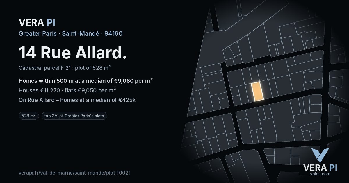 14 Rue Allard, Saint-Mandé at night – the plot lit, the parcels around coloured by the prices near them