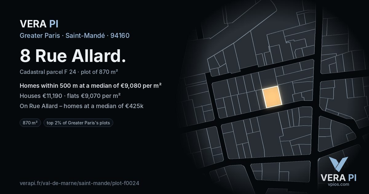 8 Rue Allard, Saint-Mandé at night – the plot lit, the parcels around coloured by the prices near them