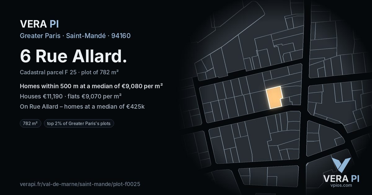 6 Rue Allard, Saint-Mandé at night – the plot lit, the parcels around coloured by the prices near them