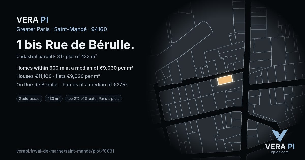 1 bis Rue de Bérulle, Saint-Mandé at night – the plot lit, the parcels around coloured by the prices near them
