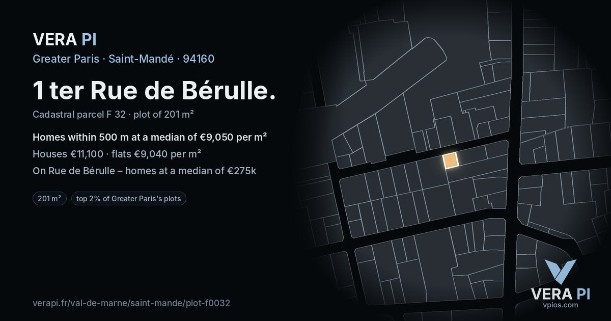 1 ter Rue de Bérulle, Saint-Mandé at night – the plot lit, the parcels around coloured by the prices near them