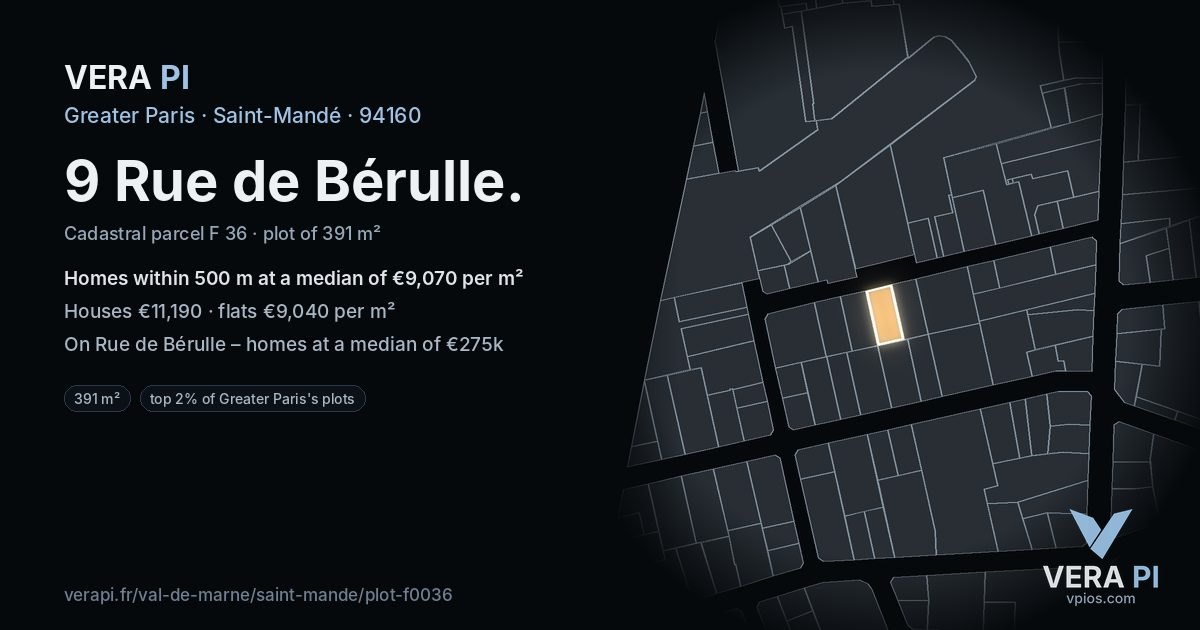 9 Rue de Bérulle, Saint-Mandé at night – the plot lit, the parcels around coloured by the prices near them
