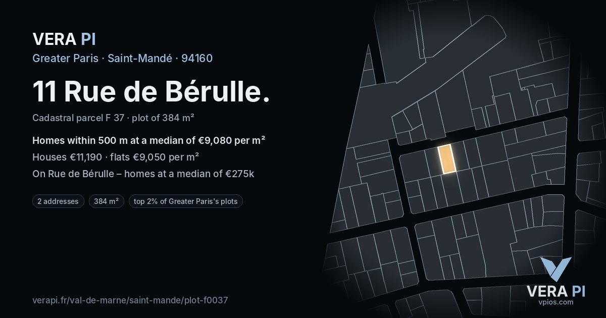 11 Rue de Bérulle, Saint-Mandé at night – the plot lit, the parcels around coloured by the prices near them