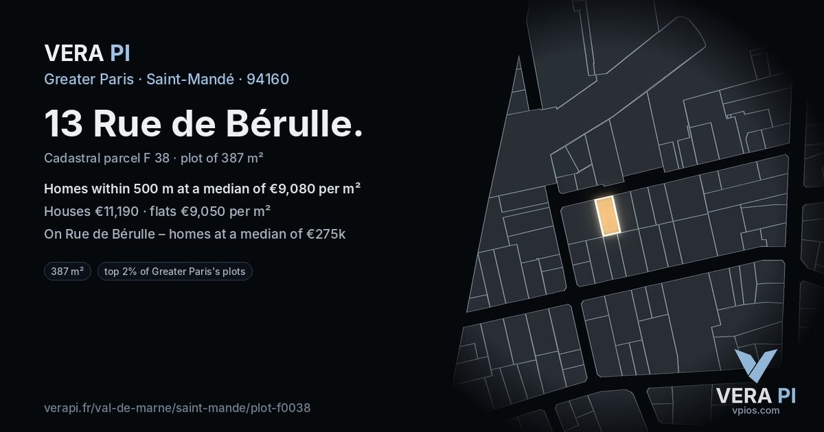 13 Rue de Bérulle, Saint-Mandé at night – the plot lit, the parcels around coloured by the prices near them