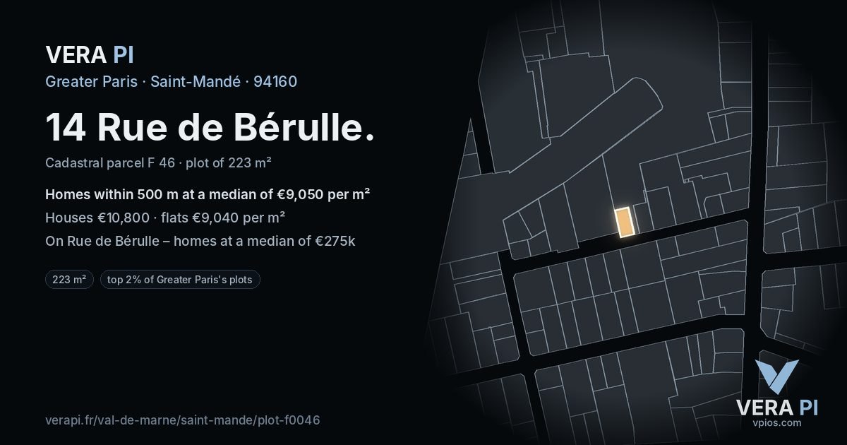 14 Rue de Bérulle, Saint-Mandé at night – the plot lit, the parcels around coloured by the prices near them