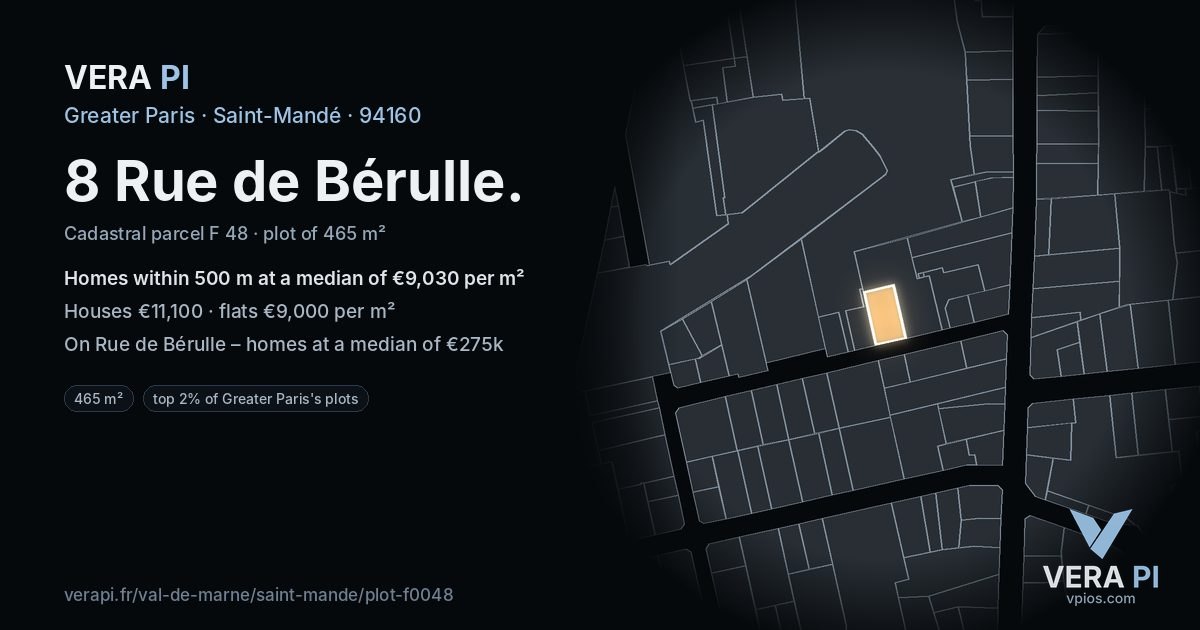 8 Rue de Bérulle, Saint-Mandé at night – the plot lit, the parcels around coloured by the prices near them