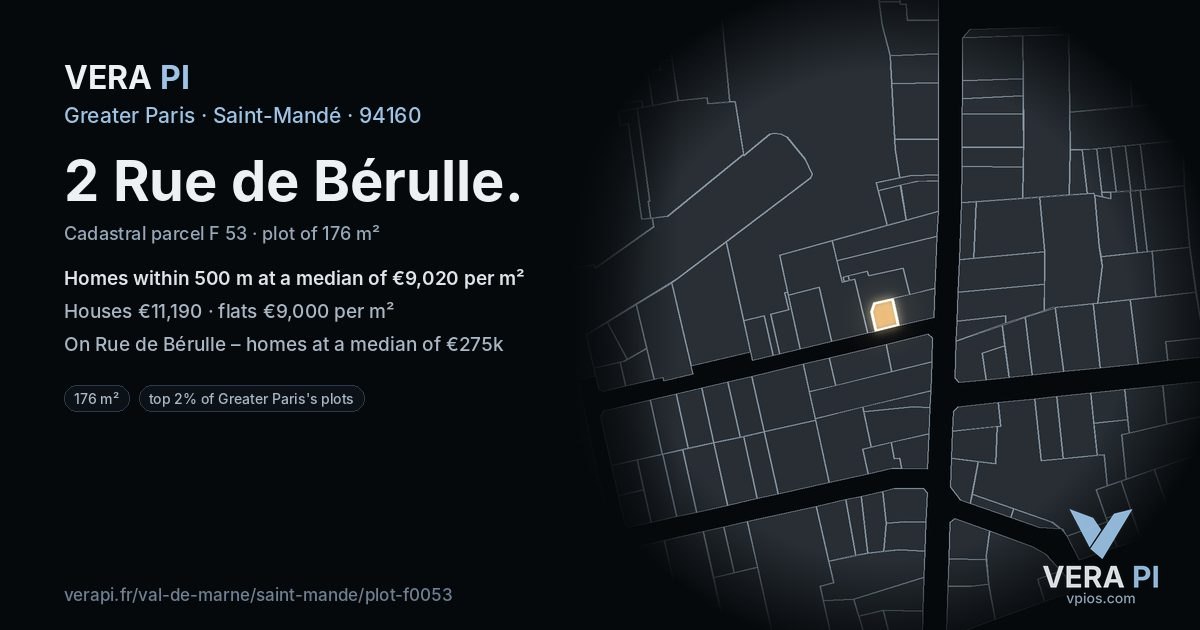 2 Rue de Bérulle, Saint-Mandé at night – the plot lit, the parcels around coloured by the prices near them