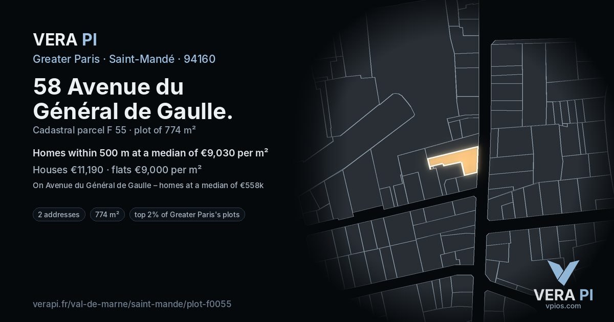 58 Avenue du Général de Gaulle, Saint-Mandé at night – the plot lit, the parcels around coloured by the prices near them