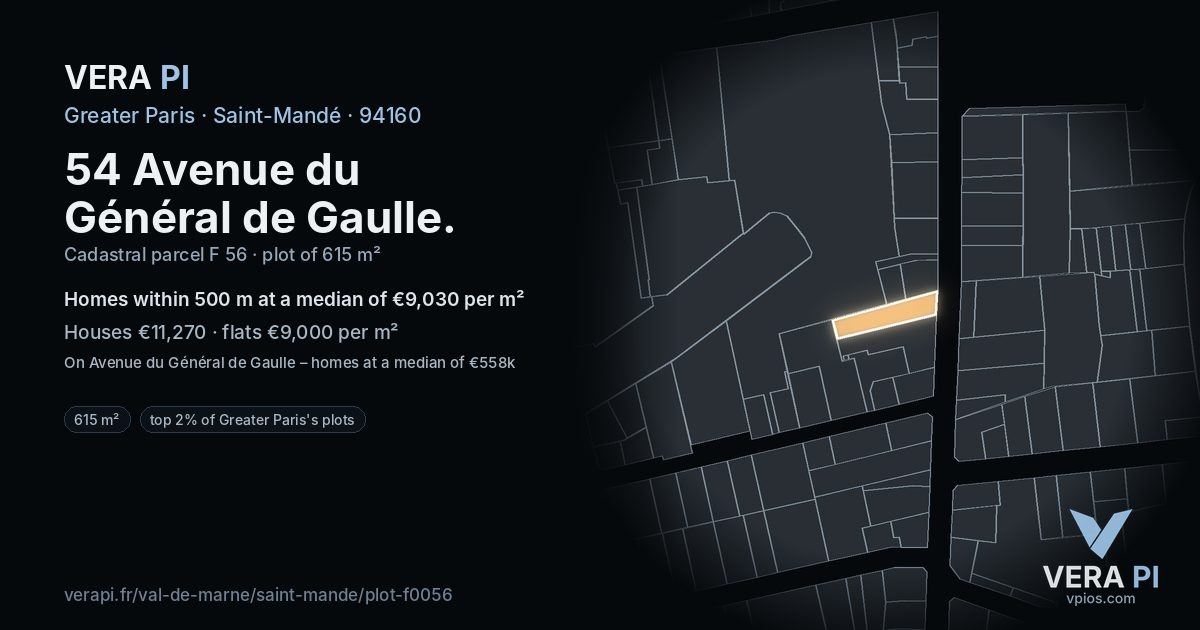 54 Avenue du Général de Gaulle, Saint-Mandé at night – the plot lit, the parcels around coloured by the prices near them