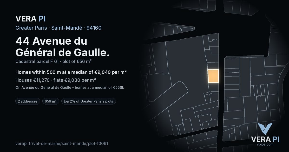 44 Avenue du Général de Gaulle, Saint-Mandé at night – the plot lit, the parcels around coloured by the prices near them