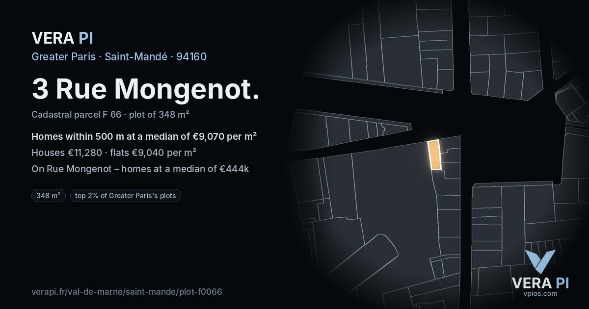 3 Rue Mongenot, Saint-Mandé at night – the plot lit, the parcels around coloured by the prices near them