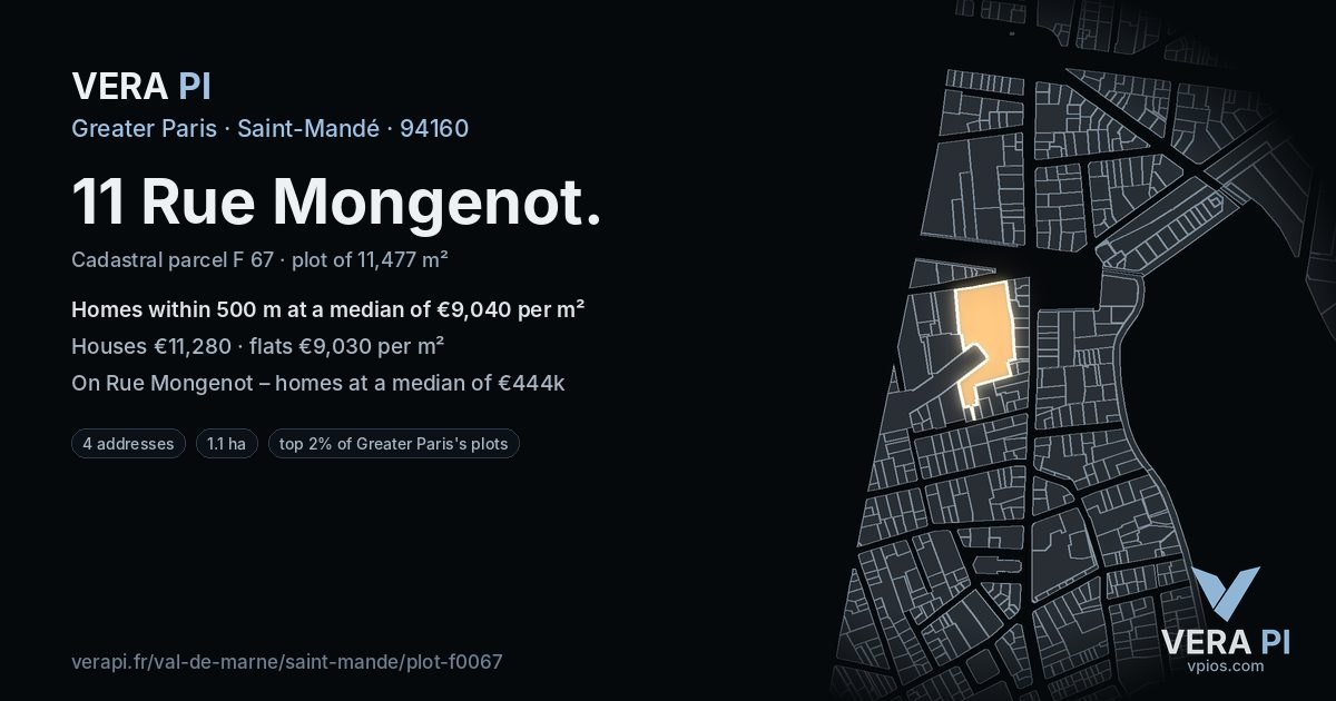 11 Rue Mongenot, Saint-Mandé at night – the plot lit, the parcels around coloured by the prices near them