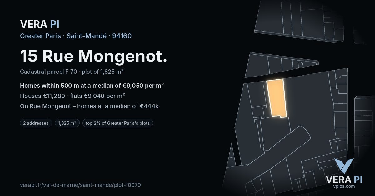 15 Rue Mongenot, Saint-Mandé at night – the plot lit, the parcels around coloured by the prices near them