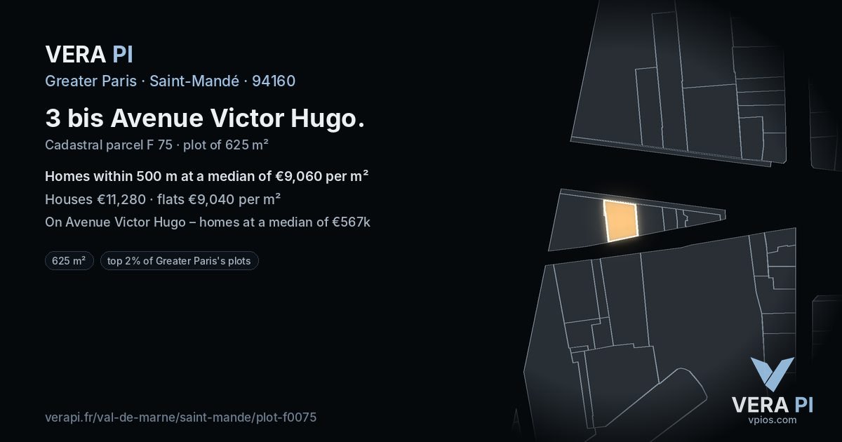 3 bis Avenue Victor Hugo, Saint-Mandé at night – the plot lit, the parcels around coloured by the prices near them