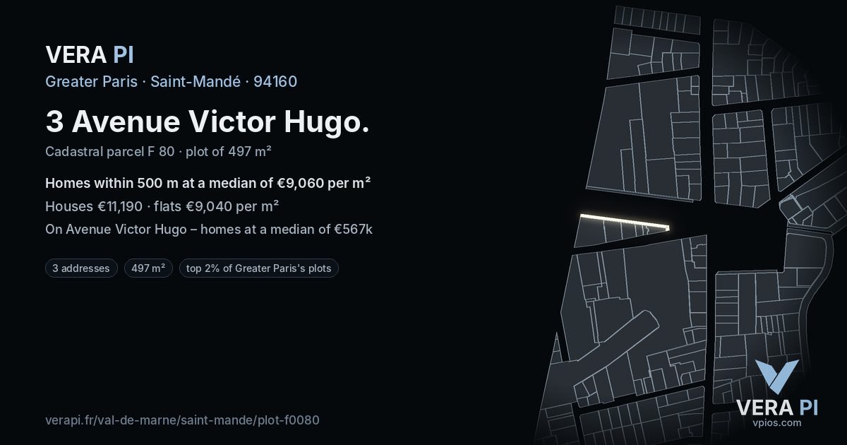 3 Avenue Victor Hugo, Saint-Mandé at night – the plot lit, the parcels around coloured by the prices near them