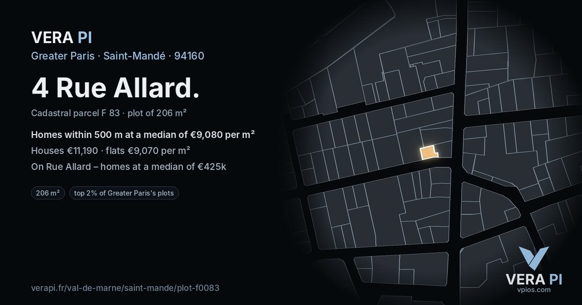 4 Rue Allard, Saint-Mandé at night – the plot lit, the parcels around coloured by the prices near them