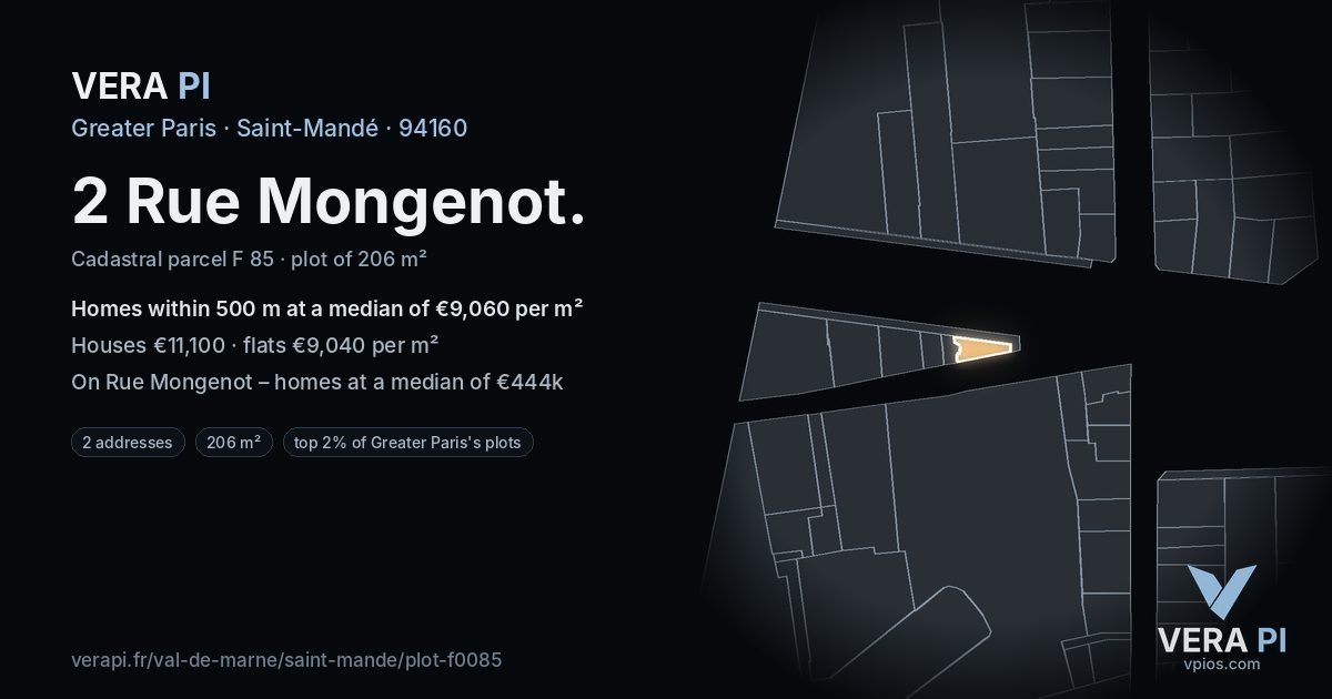 2 Rue Mongenot, Saint-Mandé at night – the plot lit, the parcels around coloured by the prices near them
