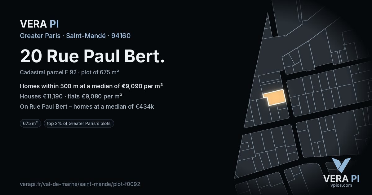 20 Rue Paul Bert, Saint-Mandé at night – the plot lit, the parcels around coloured by the prices near them